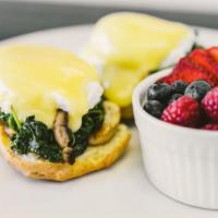 Florentine Benedict · Tarragon biscuit, spinach and mushrooms, poached eggs, hollandaise, choice of side.