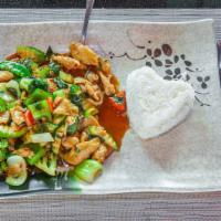 Royal Chicken · Thai version of cashew sauteed with snow peas, red and green peppers, celery, zucchini, aspa...