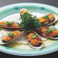 Baked Mussel · With dynamite sauce, smelt egg, green onion