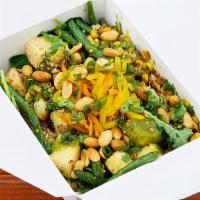 Ho-Lee Basil Tofu Bowl · Vegan, gluten free. Kale and cabbage mix, tofu, crispy cauliflower grilled, green beans, cha...