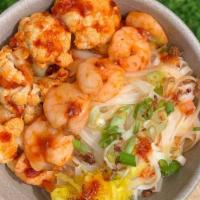 Spicy Sambal Shrimp Bowl · Gluten free. Rice noodle, shrimp, crispy cauliflower, scallions, fried shallots, crispy garl...