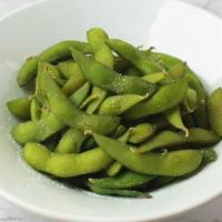 Edamame · Green soybeans in pods. Steamed and lightly salted.