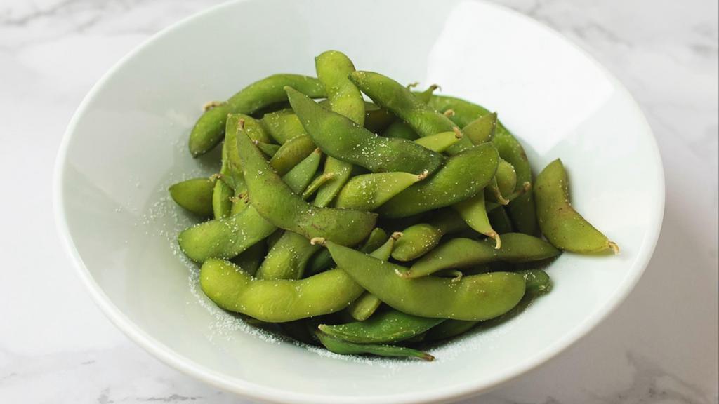 Edamame · Green soybeans in pods. Steamed and lightly salted.