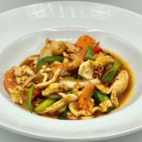 Thai Cashew - Nam Prik Phao · Sauteed cashew nuts, carrot, onions, scallion, water chestnut, and dry chili in our chef's s...