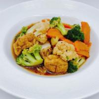 Mixed Vegetables Stir Fry · Broccoli, napa cabbage, carrot, and cauliflower stir-fried with your choice of protein in sa...