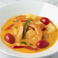 Red Curry · Rich soup-like red curry coconut sauce, with pineapple chunk, cherry tomatoes, and bell pepp...
