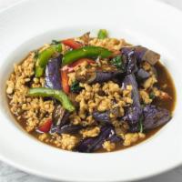Spicy Eggplant · Chinese eggplant stir fried with basil and bell pepper in chef's spicy black bean and garlic...