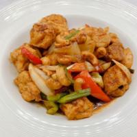 Vegan Thai Cashew - Nam Prik Phao · Sauteed cashew nuts, carrot, onions, scallion, water chestnut, and dry chili in our chef's s...