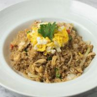 Thai Fried Rice (Gluten Free Sauce) · Thai jasmine rice stir-fried with eggs, onions, scallion, carrot, pea, and tomatoes.