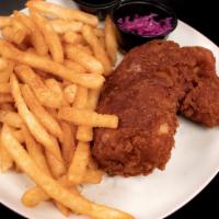 Fish And Chips · Lightly beer-battered cod, served with Old Bay fries and a small side of red cabbage slaw