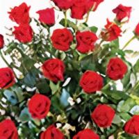 Three Dozen Red Roses Vase Arrangemen · Clear Glass Urn Vase, Greens: Salal, Silver Dollar Eucalyptus, Flowers: Red Roses, White Wax...