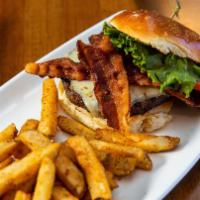 Applewood Bacon Cheeseburger · Angus burger, stack of applewood bacon, Vermont white Cheddar, Wisconsin Cheddar, tomato, cr...