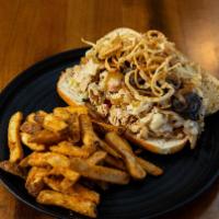 Original Steak & Cheese Or Chicken & Cheese Sandwich · Caramelized onions, mushrooms, lettuce, tomato, mayonnaise and crispy onions. Served on a to...