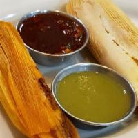 Tamales Mexicanos · Homemade tamales served with salsa verde or salsa de carne. Choice of chicken, pork or chees...