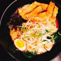 Chicken Ramen Noodle · Ramen noodles are topped with chicken.soy egg .veggies