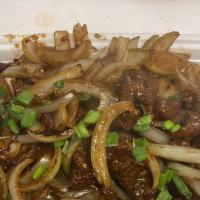 Mongolian Beef · Spicy. Spicy beef with onion and scallions in hoisin soy sauce.