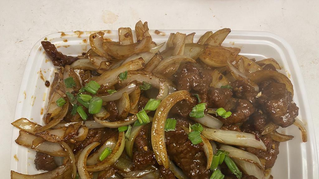 Mongolian Beef · Spicy. Spicy beef with onion and scallions in hoisin soy sauce.