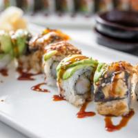 Tiger Roll · Shrimp tempura inside, avocado, steamed shrimp on top, drizzled with eel sauce & spicy mayo.