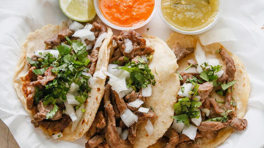 Tacos (3) · Choice of meat. The 3 can be different type of meat.