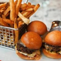3 Baby Cheeseburgers · Our mini cheeseburgers are served on house-made buns with cheddar, chopped onion, pickled re...