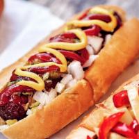 Ball Park Dog · Layered with yellow mustard, ketchup, relish, and onion.