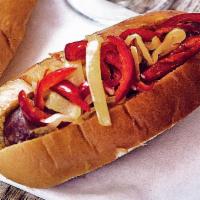 Philly Cheese Dog · Layered with our 3 cheese sauce, grated onion, and hot cherry & banana peppers.