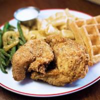 Spicy Fried Chicken & Waffles · Spicy fried chicken and a waffle, served with mac & cheese, green beans, and honey meunière ...