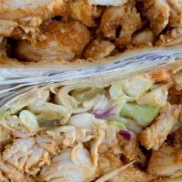 Hot Chicken Wrap · Sauteed chicken, howdy slaw, sweet pickles, cheddar cheese & howdy sauce in tortilla.