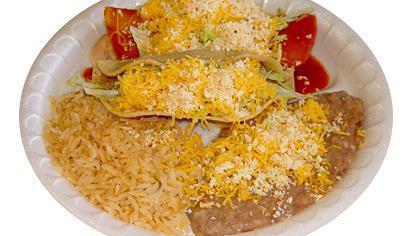 Crispy Beef Taco & Cheddar Cheese Enchilada · Served with rice and refried beans. No substitutions.