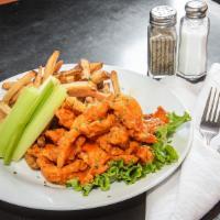 Buffalo Chicken Tenders · Breaded Chicken topped with Bleu cheese crumbles and Buffalo sauce. Served with celery stick...
