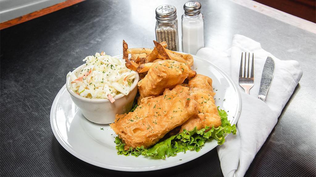 Fish & Chips · Three pieces of Icelandic Cod dipped in our famous beer batter and fried to perfection. Served with our homemade tartar sauce.