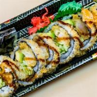 Crunch Shrimp Tempura Roll · Sushi rice, homemade crunch, tempura shrimp, avocado, imitation crab, cucumber, susji sauce ...