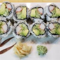California Roll · Sushi rice, seaweed, sesame seed outside and inside with imitation crab, cucumber and avocado.