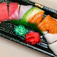 Rainbow Special Roll · Sushi rice, salmon, tuna, white tuna, tilapia, avocado, cucumber, sesame seed, seaweed.