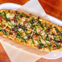 Go Green · Pesto, four cheese blend, artichokes, sliced heirloom tomato, spinach, and caramelized red o...