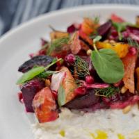 Applewood Grilled Beet Salad | Gf Ve · Gold and red beets roasted and grilled over an open flame, sliced and topped with radicchio,...