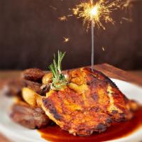 The Fireworks Chicken | Gf · Brick oven half chicken with roasted smashed fingerling potatoes.