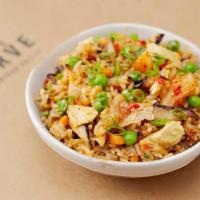 Kimchi Fried Rice | Gf Ve · Toasted Sesame oil, peas, fried egg, Kimchi and scallions tossed with fried jasmine rice.