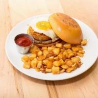Breakfast Burger · sausage breakfast patty, fried egg, hash browns, tomato jam. add bacon $1, add avocado $1