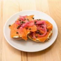 Smoked Salmon Bagel · daily bagel selection, smoked salmon, dill cream cheese, capers, pickled onions