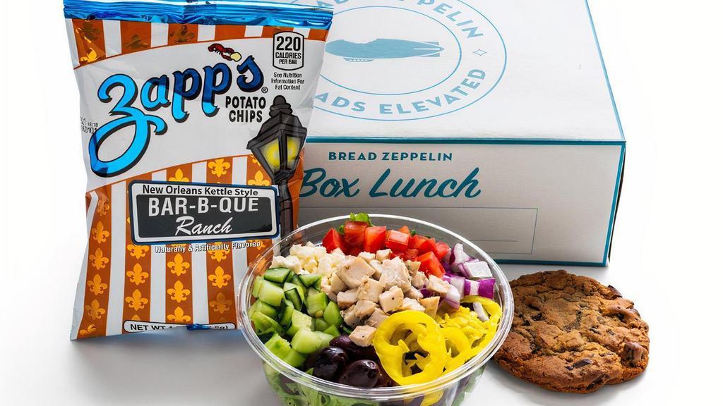 Bowl Southwest Box Lunch · Your choice of a Bowl or Zeppelin. Includes Chips & Chocolate Chip Cookie.