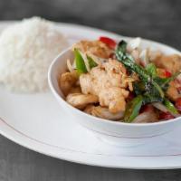 22) Pad Ka-Prow   (V) * · bell peppers, chili peppers, basil, onions, green beans, garlic-chili sauce