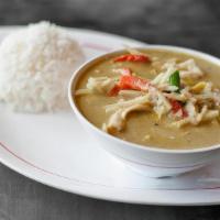 38) Green Curry (Gf) (V) * · green curry paste, bamboo shoots, bell peppers, chili peppers, thai eggplant, green beans ba...
