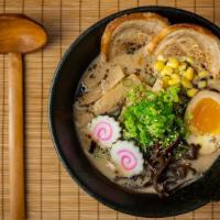 Tonkotsu Miso Ramen · Skinny Noodle with Chashu, Stir-fried beansprouts with Pork, Soft-boiled Egg, Scallions, Cor...