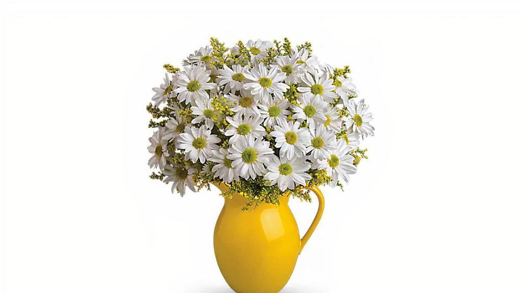 Teleflora'S Sunny Day Pitcher Of Daisies · Best seller. Picture someone receiving this sunny pitcher of daisies! It's so bright and full of warmth, it's guaranteed to make them smile. Besides being the perfect bouquet for any occasion, the dazzling yellow ceramic pitcher can be used and enjoyed for years to come. Let's hear it for yellow spray roses and cheerful yellow and white daisy spray chrysanthemums plus solidago delivered in an exclusive keepsake vase.