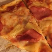 Hawaiian Pizza · Tomato sauce, mozzarella cheese, ham, Canadian bacon and pineapple.