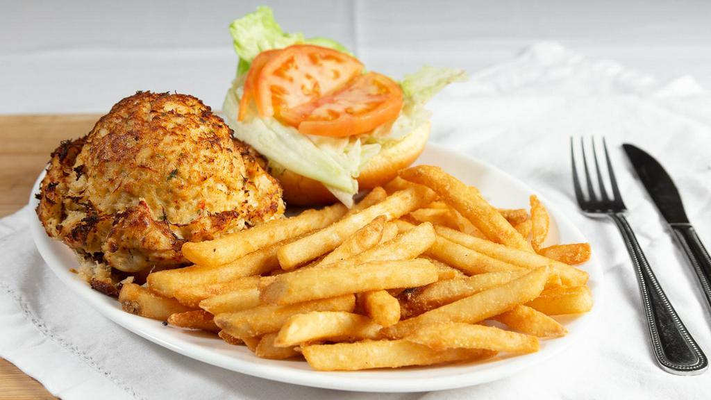 Maryland Best Crab Cake · A Maryland best crab cake comes with French fries or coleslaw. On Roll. All day deal.