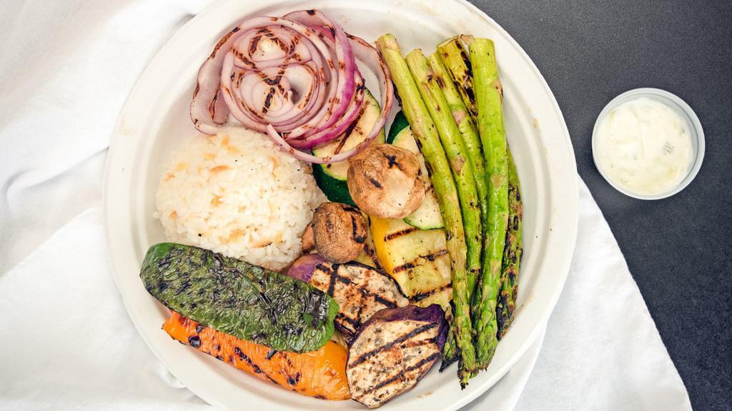 Mixed Grilled Vegetables · Grilled eggplant, zucchini, yellow squash, mushrooms, red bell pepper, green pepper, red onion, tomato and asparagus with rice.