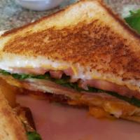 Grilled Farmer’S Sandwich · Ham, turkey, bacon, lettuce, tomato, mayo and American cheese. Two eggs, served on your choi...