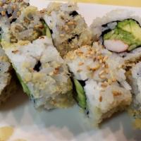 Crunch California Roll · Sushi rice, homemade crunch, avocado, imitation crab, cucumber, sushi sauce, sesame seed, se...